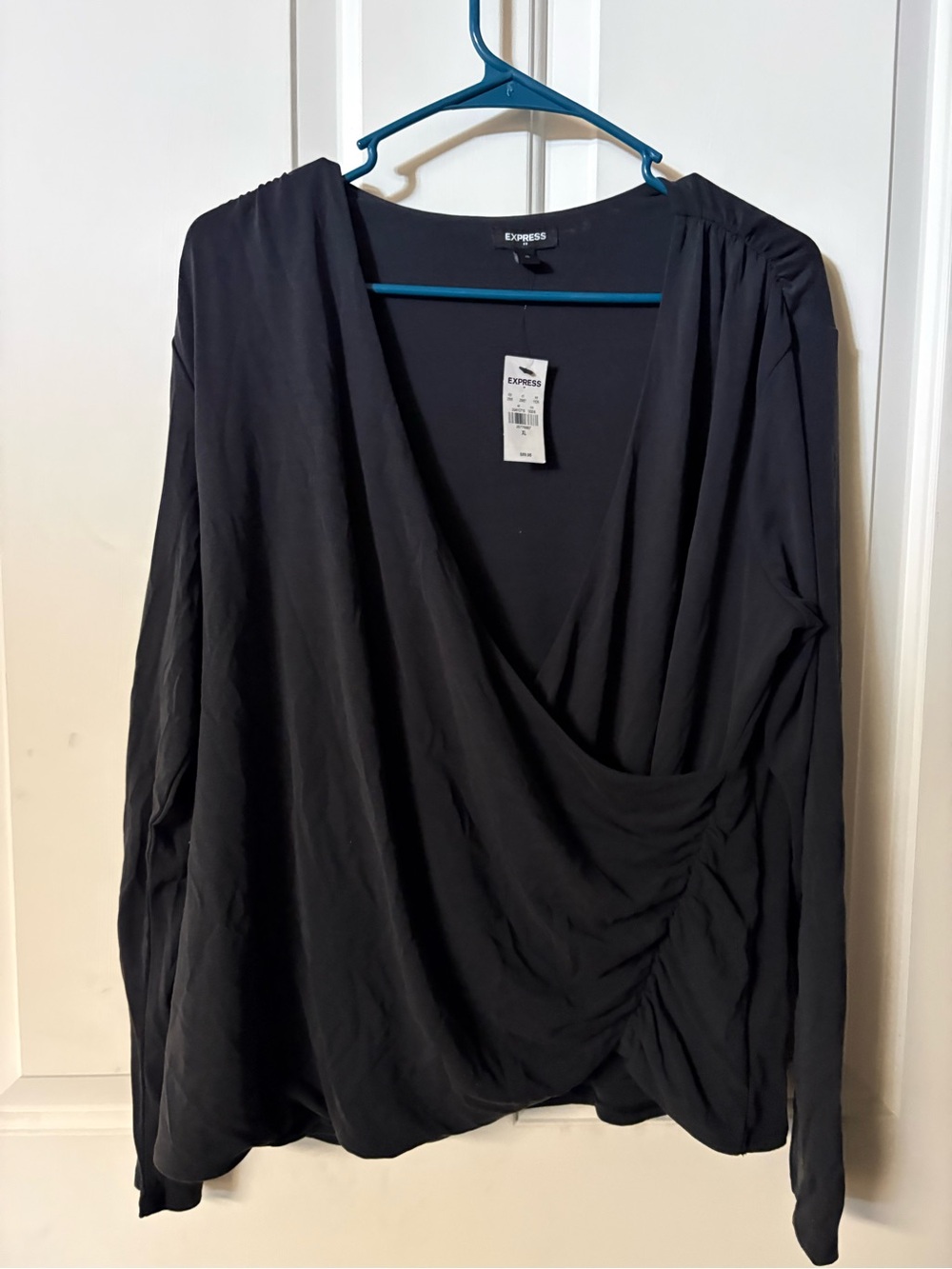 Express Black Draped Surplice Long-Sleeve Top